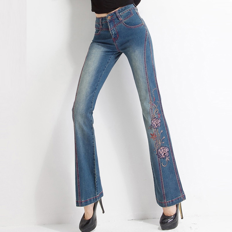 Summer Spring Casual Women Female Embroidered Flare Denim Trousers , Autumn Stretch Flower Jeans Pants For Woman Wit